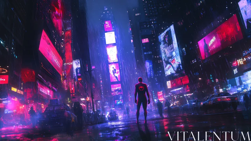 Neon-lit vigilante stands in rain-soaked cyberpunk city canyon