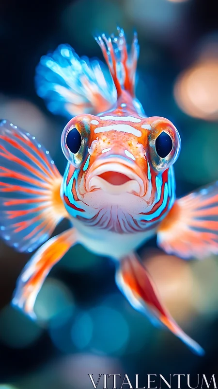 Vivid tropical fish portrait with neon striped fins, bokeh glow.