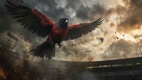 Large red-black bird over stadium under dense storm clouds.