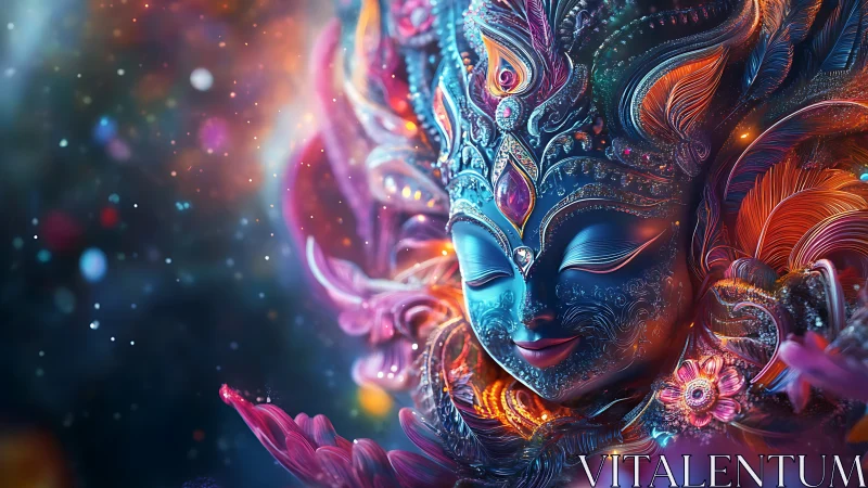 Radiant cosmic goddess smiles in swirling neon blossoms