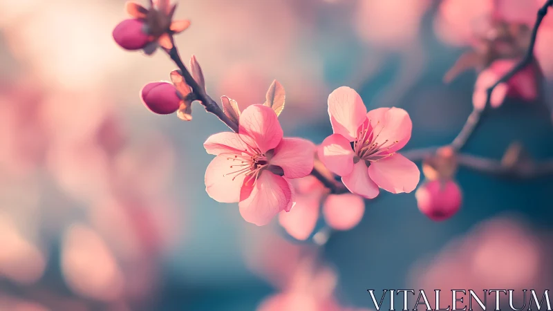 Spring Cherry Blossoms on Branch in Soft Focus.