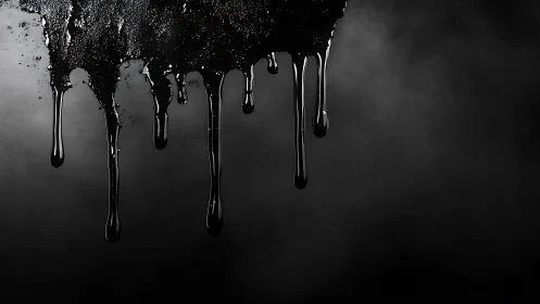 Viscous black liquid drips vertically against dark backdrop