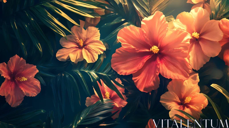 Tropical Hibiscus Blooms: Gradient-Enhanced Floral Composition with Directional Leaf Framing.