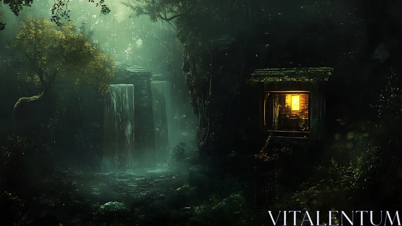 Hidden forest cabin glows beside misty twin waterfalls at dusk