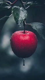 Glistening red apple after rain, quietly glowing on the tree.