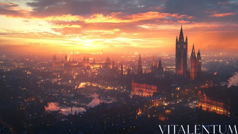Sunset over neo-Gothic riverside skyline with glowing haze