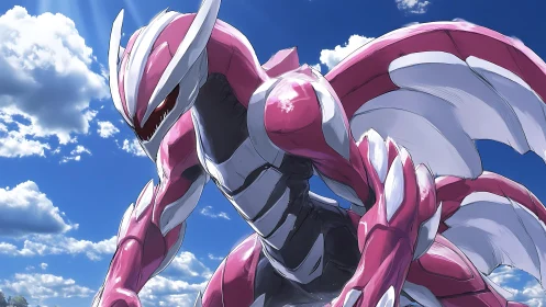 Pink armored dragon stands against bright daylight sky
