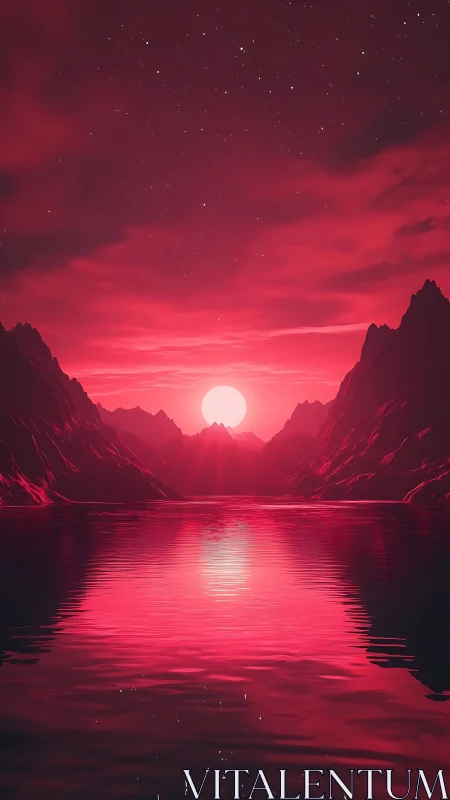 Crimson sunset over stylized mountains and reflective lake.