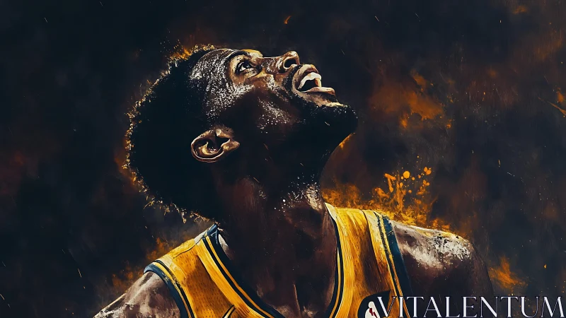 Upward gaze of triumphant basketball player in flame-lit haze.