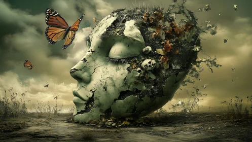 Gentle stone face dreaming as butterflies stir quiet skies.