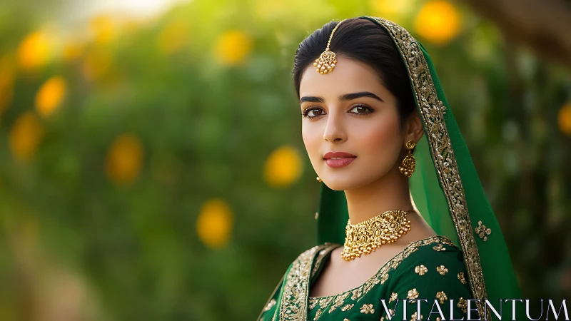 Graceful woman in green traditional dress under soft sunlight.