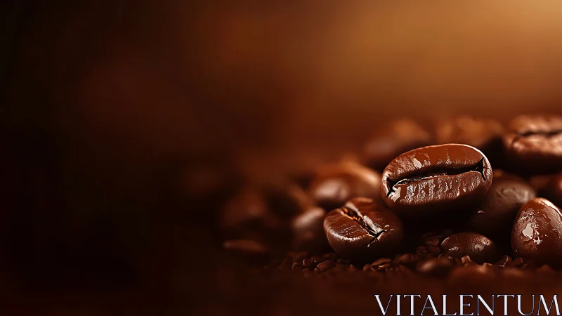 Gleaming roasted coffee beans under warm studio lighting.