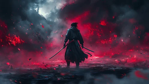 Lone armored swordsman silhouettes against volumetric red battlefield