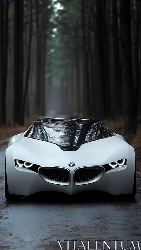 Futuristic white BMW concept car on misty forest road.