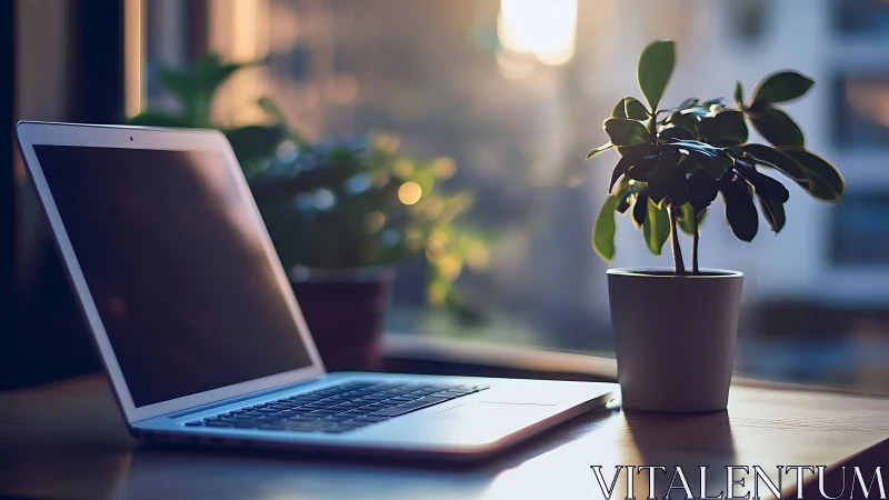 Sunlit laptop trades quiet thoughts with a glowing windowsill plant
