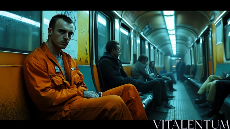 Photorealistic subway portrait with tense orange jumpsuit figure.