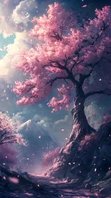 Majestic cherry tree over misty mountain path at dawn.