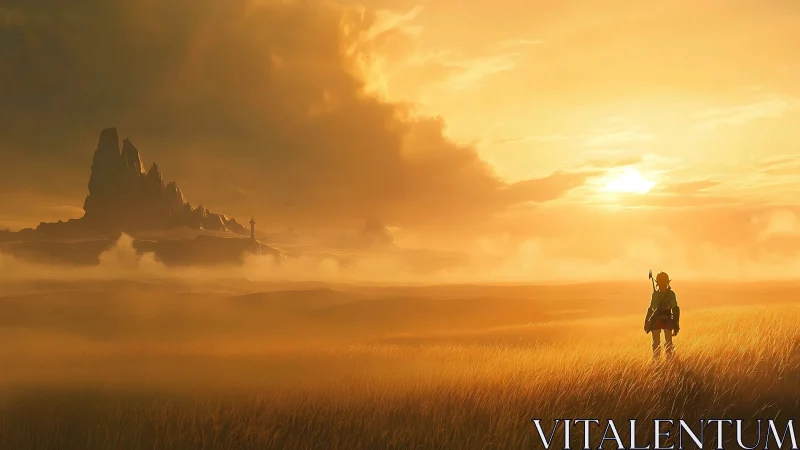 Lone adventurer in misty golden plains at glowing sunset.