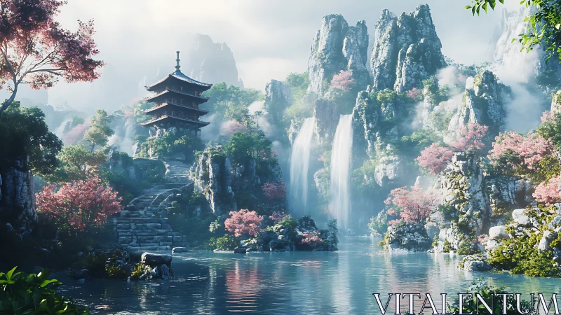Pagoda overlooks misty waterfalls in detailed mountain valley