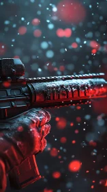Frostbitten carbine gripped in neon blizzard silence.