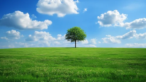 Lone Tree on Sunny Meadow Under Blue Sky, Photorealistic Style.
