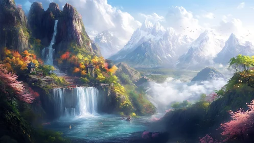 Mystic waterfall valley beneath distant icy peaks panorama.