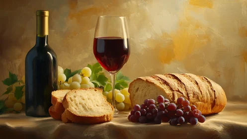 Wine and Bread Still Life with White and Red Grapes.