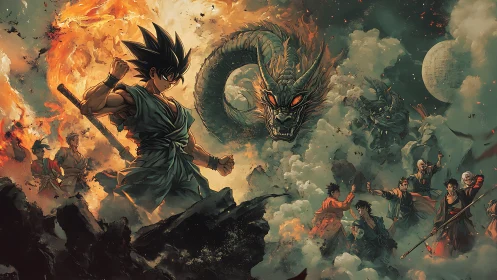 Heroic anime warriors confront colossal elemental dragon