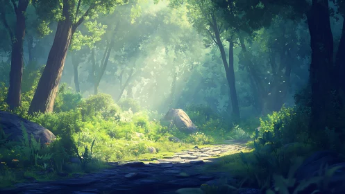 Illuminated forest pathway with stream and atmospheric light penetration through canopy structure