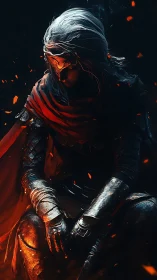 Emberlit warrior in tattered cloak amid smoldering embers.