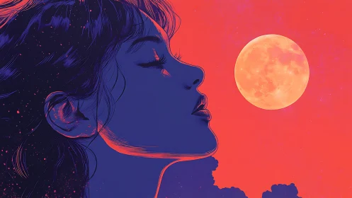 Profile portrait embraces lunar glow in neon dusk sky.