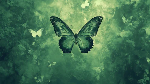Emerald lepidoptera in diffuse atmospheric mist, central focus