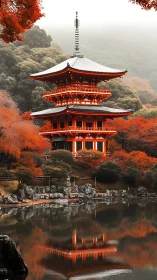 Serene red pagoda rises over a misty lakeside autumn garden