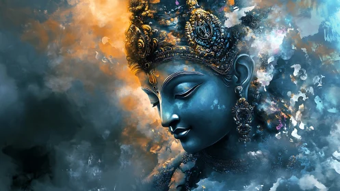 Divine blue deity portrait dissolves into luminous cosmic mist