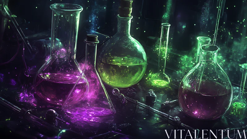 Luminous chemical glassware with glowing volatile reagents on bench