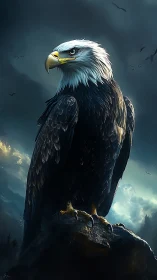 Proud eagle watching distant storms with calm, fierce grace.