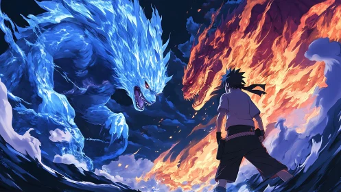 Warrior facing colossal fire and ice dragon clash at night.