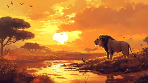 Sunstruck savanna monarch pauses at a river of fire.