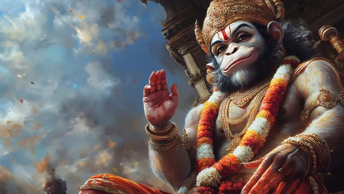 Hanuman-inspired deity figure in ornate digital artwork.