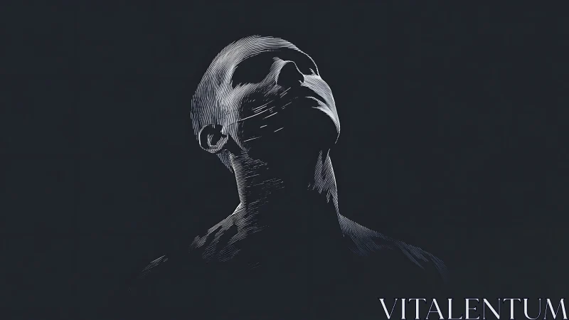 Monochrome male bust rises from darkness in etched light.