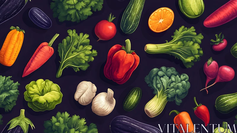 Colorful digital pattern of assorted fresh vegetables.