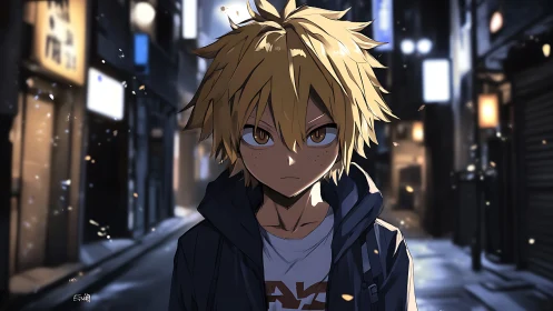 Determined blond teen stands alone in moody neon alleyway