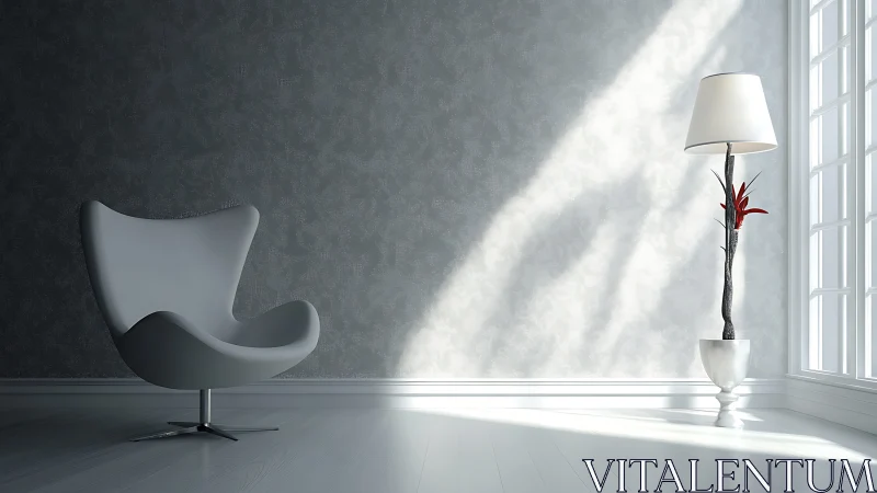 Modern interior with gray chair, floor lamp, and window light.