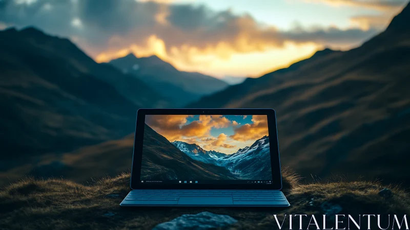 Ultrabook on alpine ridge with recursive landscape display symmetry.