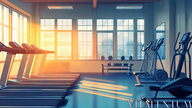 Sunlit gym interior with cardio equipment and long cast shadows