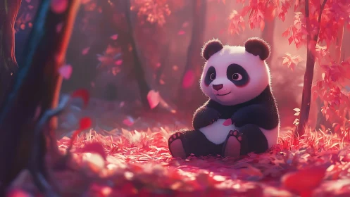 Dreamy autumn panda daydreaming in a glowing pink forest.