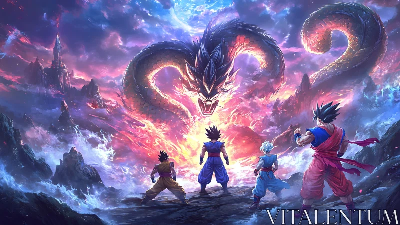 Warriors confront colossal cosmic dragon amid burning sky