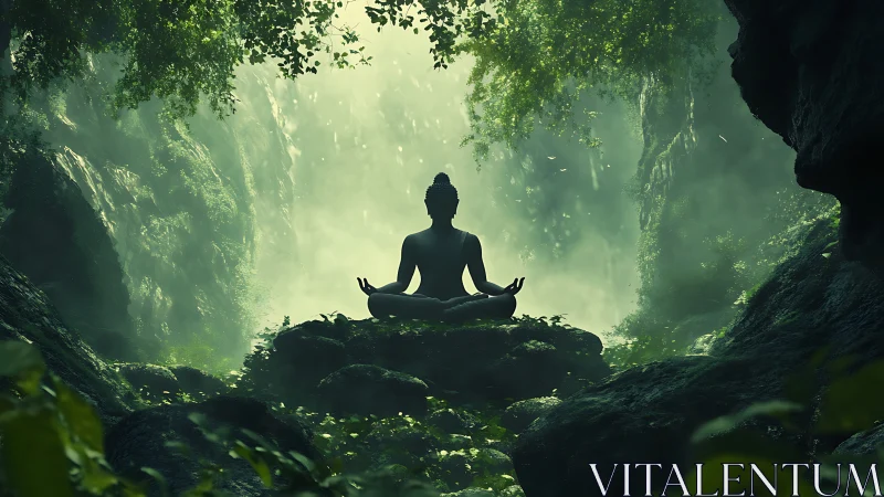 Meditating figure in lush green forest clearing at dawn.