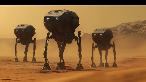 Sturdy walking robots stride calmly through a dusty alien desert