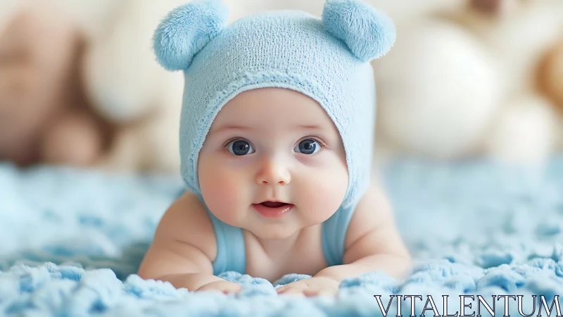 Precious Moments: Baby's Gentle Smile in Soft Blue.